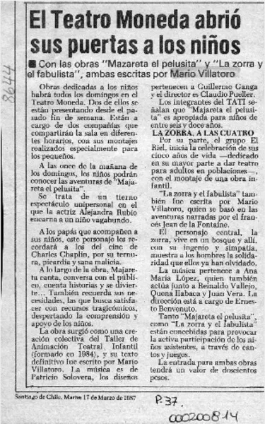 El Teatro Moneda abrió sus puertas a los niños  [artículo].