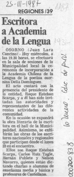 Escritora a Academia de la Lengua  [artículo] Juan Lara Cancino.