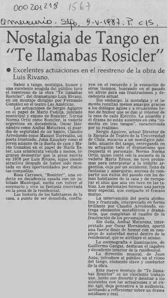 Nostalgia de tango en "Te llamabas Rosicler"  [artículo].