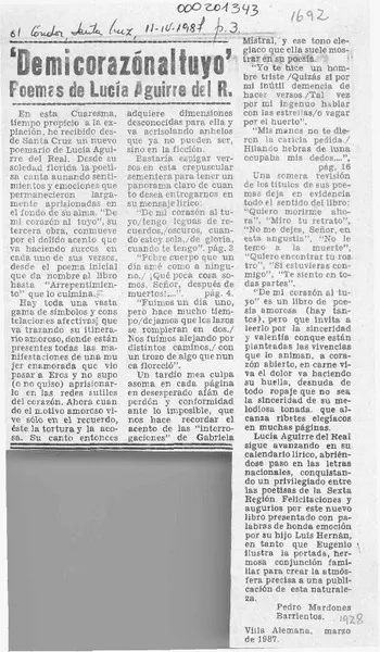 "De mi corazón al tuyo" poemas de Lucía Aguirre del R.  [artículo] Pedro Mardones Barrientos.