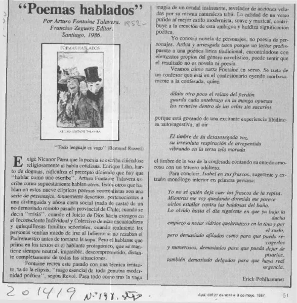 "Poemas hablados"  [artículo] Erick Pohlhammer.