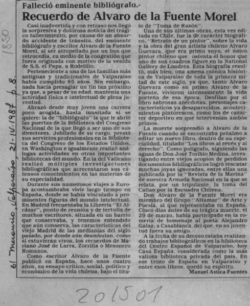 Recuerdo de Alvaro de la Fuente Morel  [artículo] Manuel Astica Fuentes.