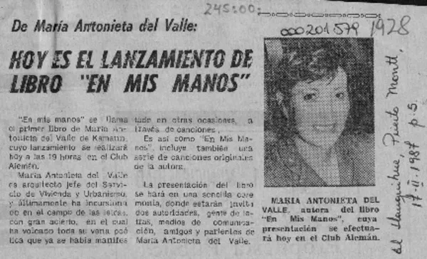 Hoy es el lanzamiento de libro "En mis manos"  [artículo].