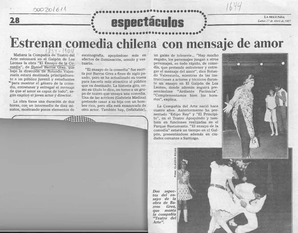 Estrenan comedia chilena con mensaje de amor  [artículo].