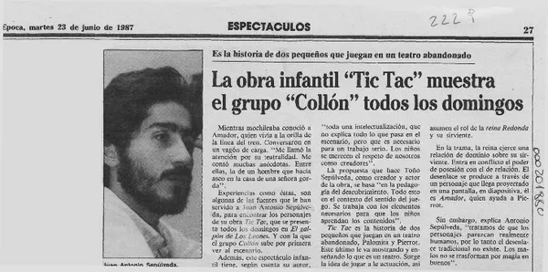 La Obra infantil "Tic Tac" muestra el grupo "Collón" todos los domingos  [artículo].