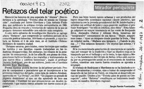 Retazos del telar poético  [artículo] Sergio Ramón Fuentealba.