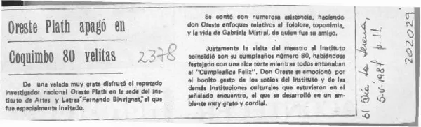 Oreste Plath apagó en Coquimbo 80 velitas  [artículo].