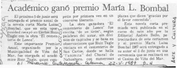 Académico ganó premio María L. Bombal  [artículo].