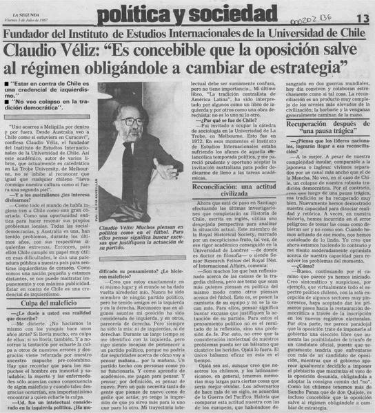 Claudio Véliz, "Es concebible que la oposición salve al régimen obligándole a cambiar de estrategia"  [artículo].