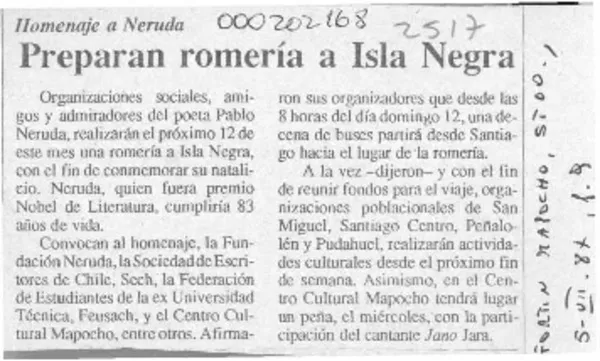 Preparan romería a Isla Negra  [artículo]