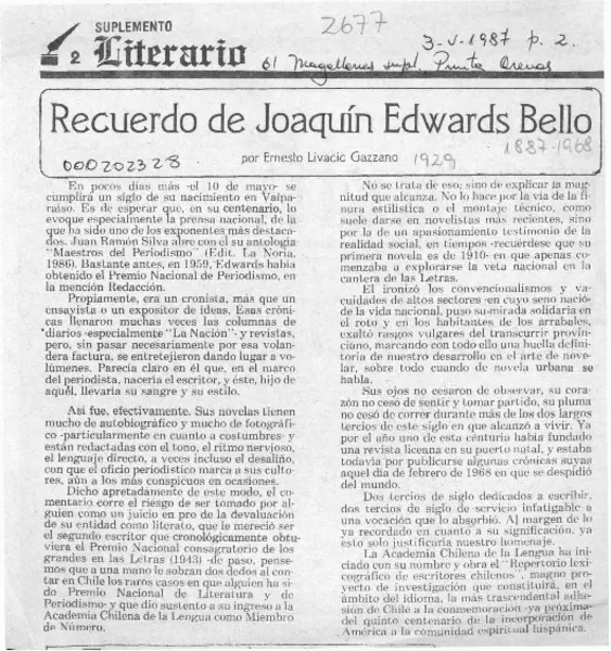 Recuerdo de Joaquín Edwards Bello  [artículo] Ernesto Livacic Gazzano.