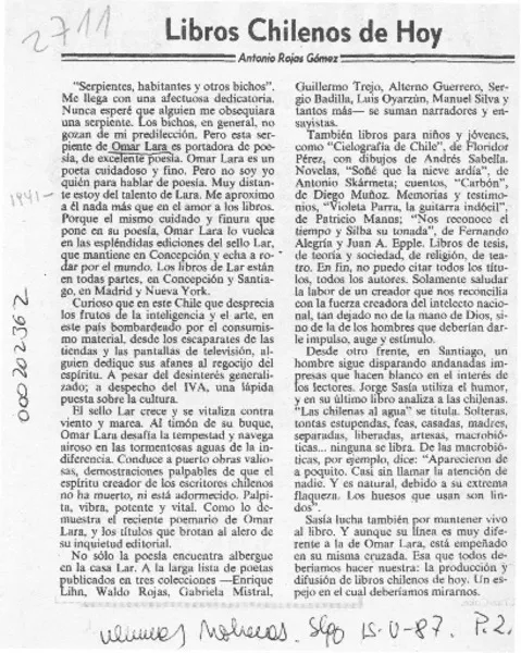 Libros chilenos de hoy  [artículo] Antonio Rojas Gómez.