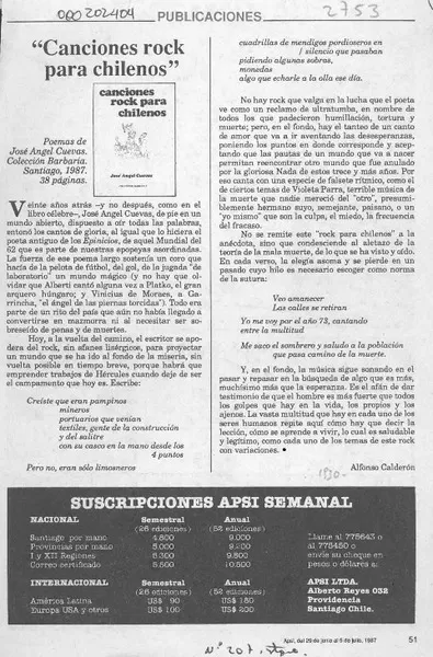 "Canciones rock para chilenos"  [artículo] Alfonso Calderón.