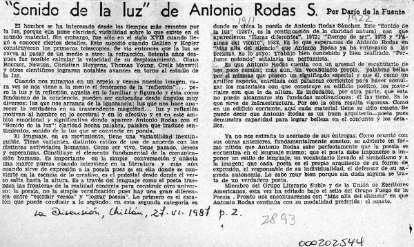 "Sonido de la luz" de Antonio Rodas S.  [artículo] Darío de la Fuente.