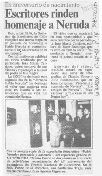 Escritores rinden homenaje a Neruda  [artículo].