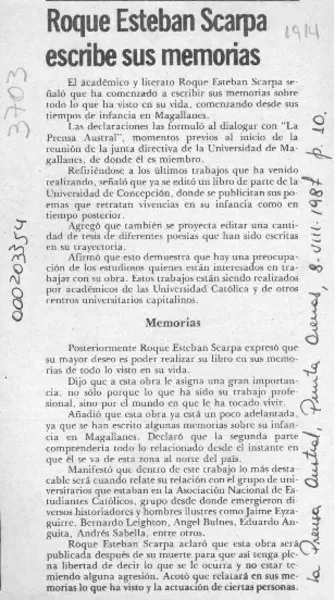 Roque Esteban Scarpa escribe sus memorias  [artículo].