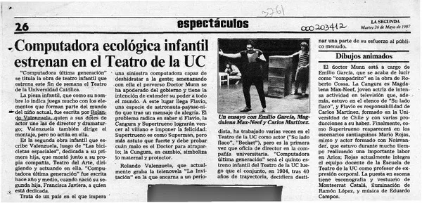 Computadora ecológica infantil estrenan en el Teatro de la UC  [artículo].