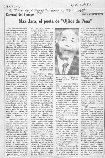 Max Jara, el poeta de "Ojitos de pena"  [artículo] Oscar Guzmán Silva.