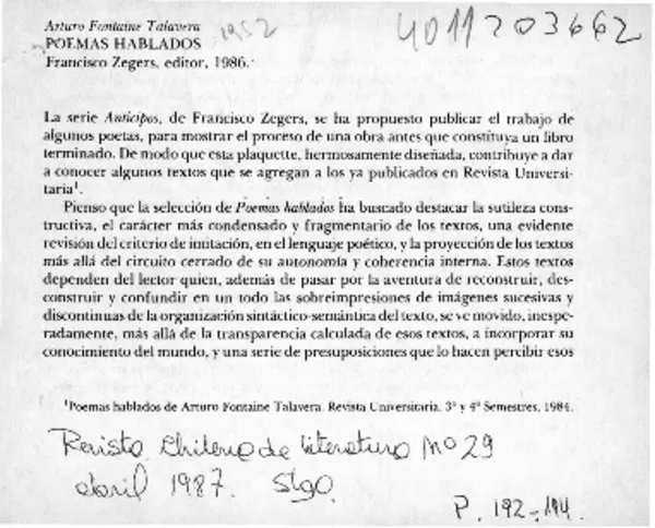 Poemas hablados  [artículo] Carmen Foxley.