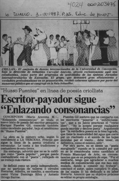 Escritor-payador sigue "Enlazando consonancias"  [artículo] Mario Aravena M.