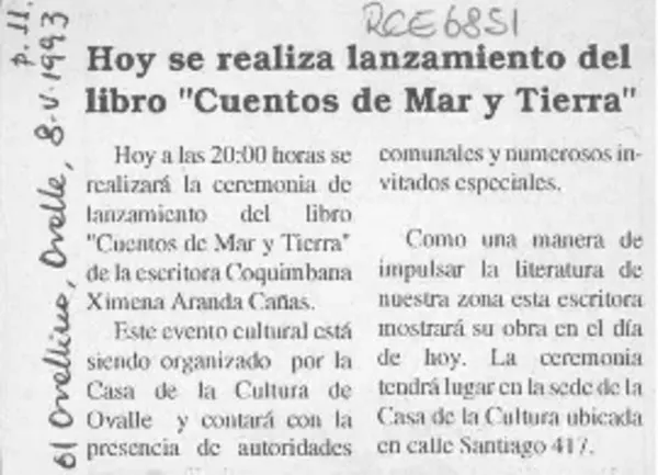 Hoy se realiza lanzamiento del libro "Cuentos de mar y tierra"  [artículo].