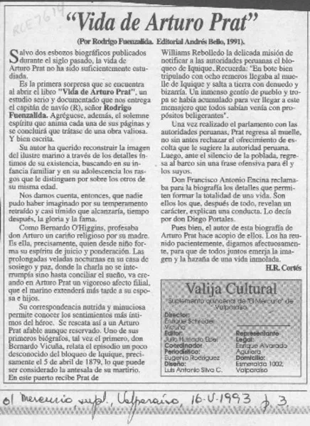 "Vida de Arturo Prat"  [artículo] H. R. Cortés.
