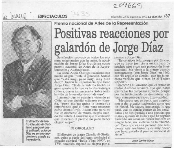 Positivas reacciones por galardón de Jorge Díaz  [artículo].