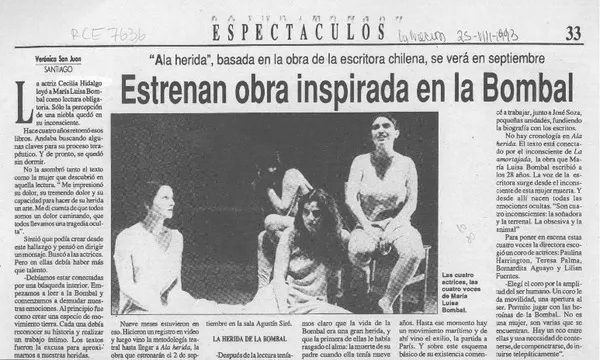 Estrenan obra inspirada en la Bombal  [artículo] Verónica San Juan.