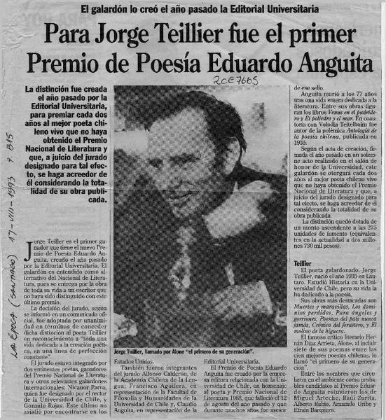 Para Jorge Teillier fue el primer premio de poesía Eduardo Anguita  [artículo].