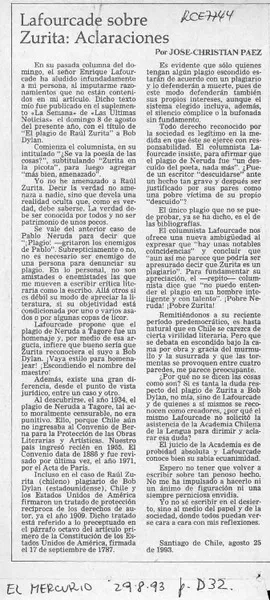Lafourcade sobre Zurita, aclaraciones  [artículo] José Christian Páez.