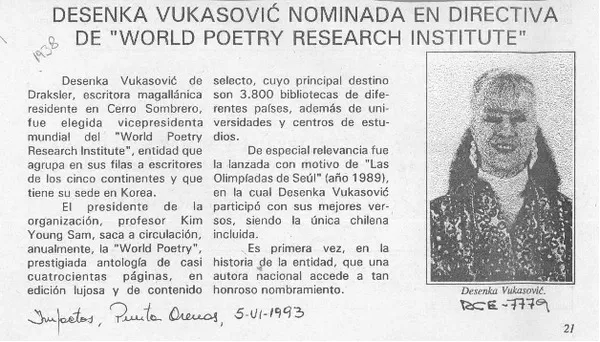 Desenka Vukasović nominada en directiva de "World Poetry Research Institute"  [artículo].
