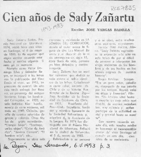 Cien años de Sady Zañartu  [artículo] José Vargas Badilla.