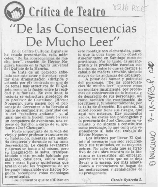 "De las consecuencias del mucho leer"  [artículo] Carola Oyarzún L.