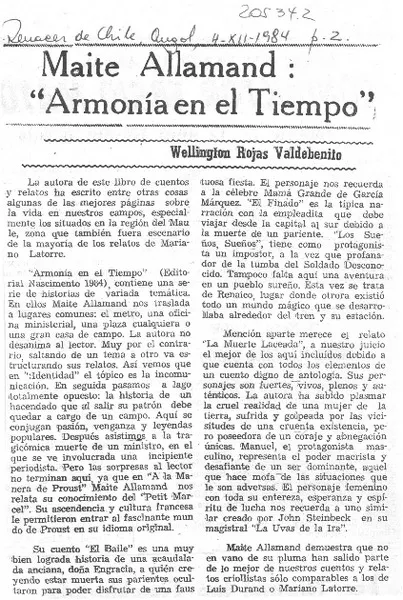 Maité Allamand, "Armonia en el tiempo"  [artículo] Wellington Rojas Valdebenito.