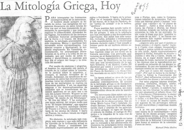 La mitología griega, hoy  [artículo] Manuel Peña Muñoz.