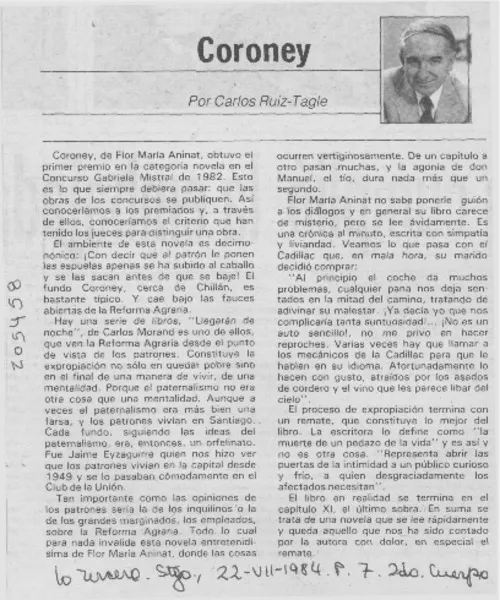 "Coroney"  [artículo] Carlos Ruiz-Tagle.