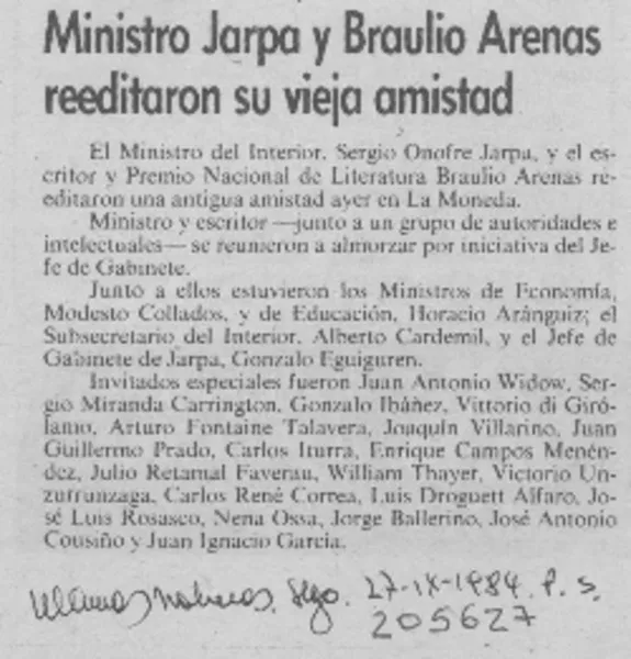 Ministro Jarpa y Braulio Arenas reeditaron su vieja amistad  [artículo].