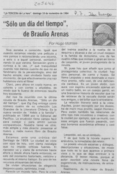 "Sólo un día del tiempo", de Braulio Arenas  [artículo] Hugo Montes.
