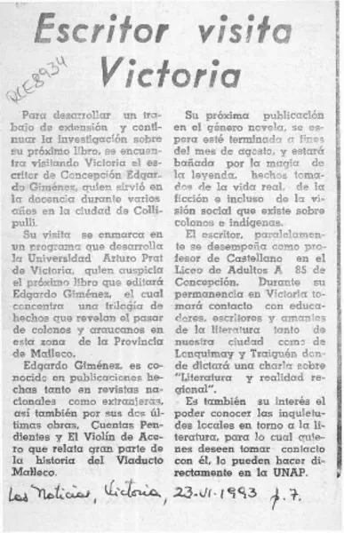 Escritor visita Victoria  [artículo].