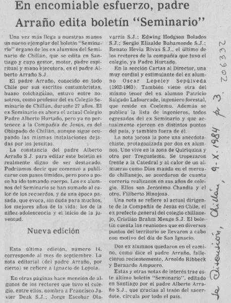 En encomiable esfuerzo padre Arraño edita boletín "Seminario"  [artículo].