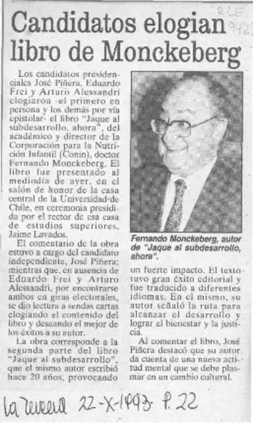 Candidatos elogian libro de Monckeberg  [artículo].