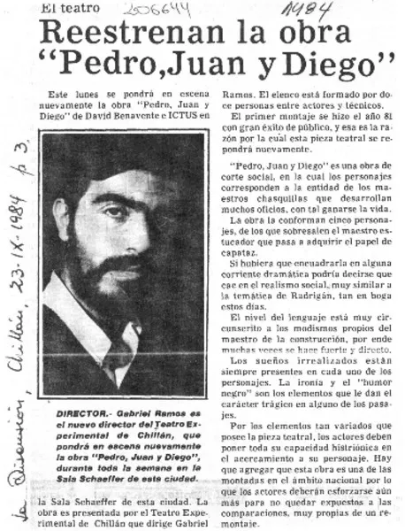 Reestrenan la obra "Pedro, Juan y Diego"  [artículo].