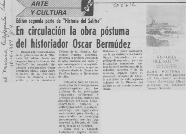 En circulación la obra póstuma del historiador Oscar Bermúdez  [artículo].
