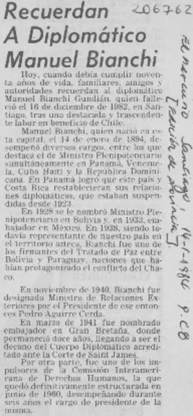 Recuerdan a diplomático Manuel Bianchi  [artículo]