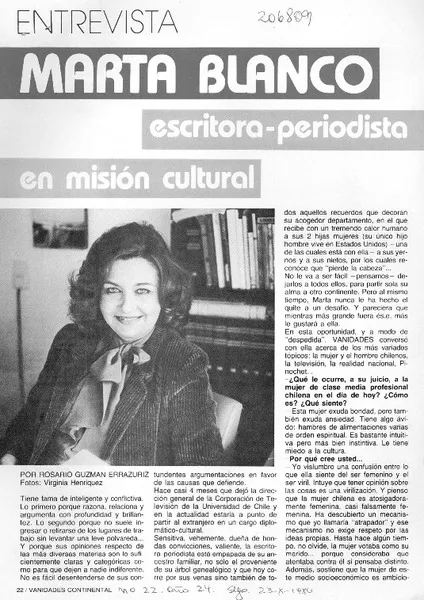 Marta Blanco escritora-periodista en misión cultural : [entrevista] [artículo] Rosario Guzmán Errázuriz.