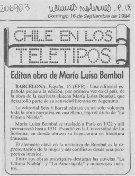 Editan obra de María Luisa Bombal  [artículo].