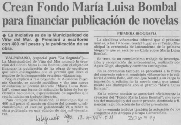 Crean fondo María Luisa Bombal para financiar publicación de novelas  [artículo].