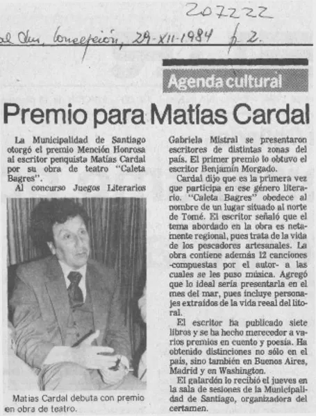 Premio para Matías Cardal  [artículo].