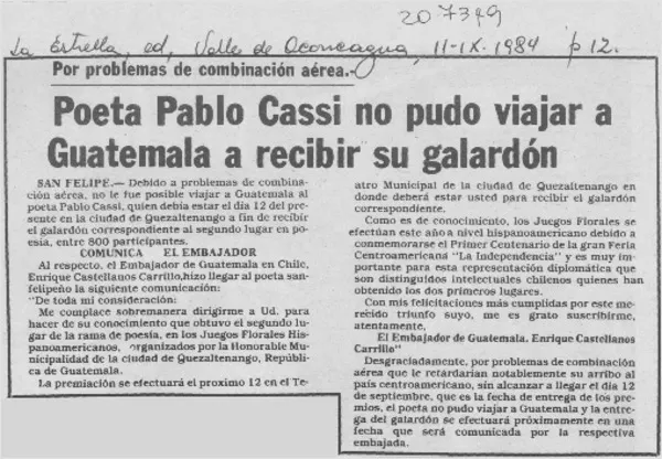 Poeta Pablo Cassi no pudo viajar a Guatemala a recibir su galardón  [artículo].