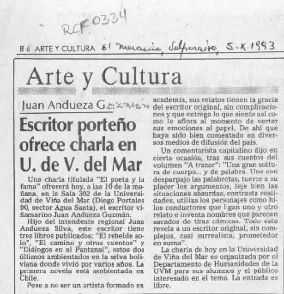 Escritor porteño ofrece charla en U. de V. del Mar  [artículo].